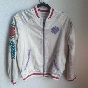 STELLA McCARTNEY KIDS CREAM FLORAL AND RAINBOW BACK EMBROIDERED BOMBER JACKET